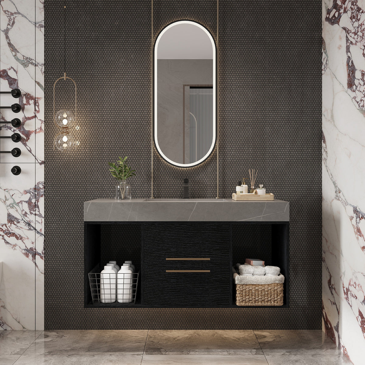 39.4 Inches Single Contemporary Floating Bathroom Vanity with Faux Marble Top, Ceramic Sink, 2 Multi-layer Solid Wood Drawers