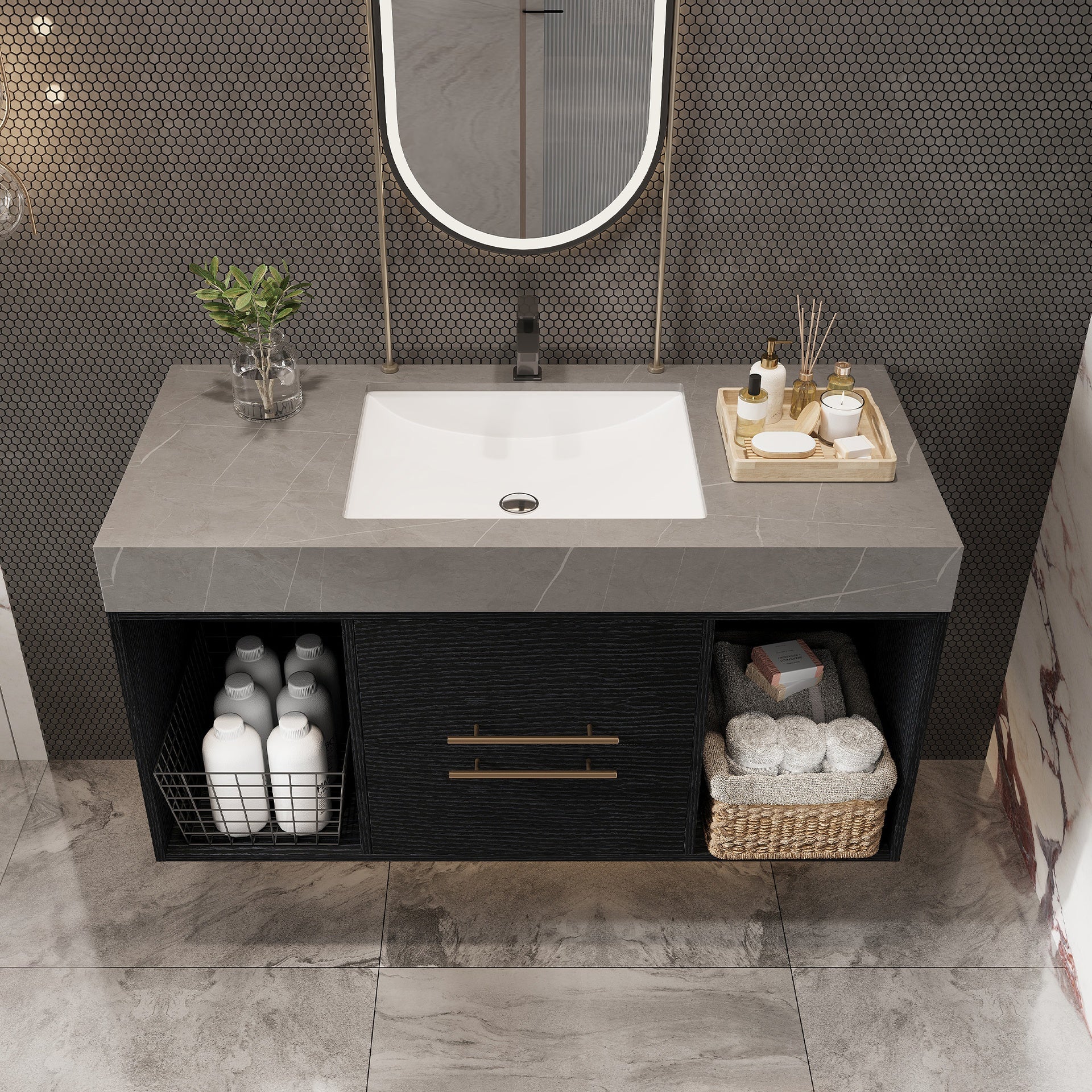 39.4 Inches Single Contemporary Floating Bathroom Vanity with Faux Marble Top, Ceramic Sink, 2 Multi-layer Solid Wood Drawers
