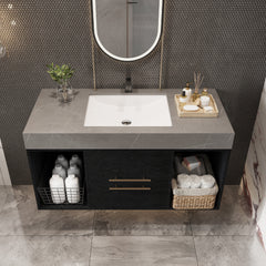 39.4 Inches Single Contemporary Floating Bathroom Vanity with Faux Marble Top, Ceramic Sink, 2 Multi-layer Solid Wood Drawers