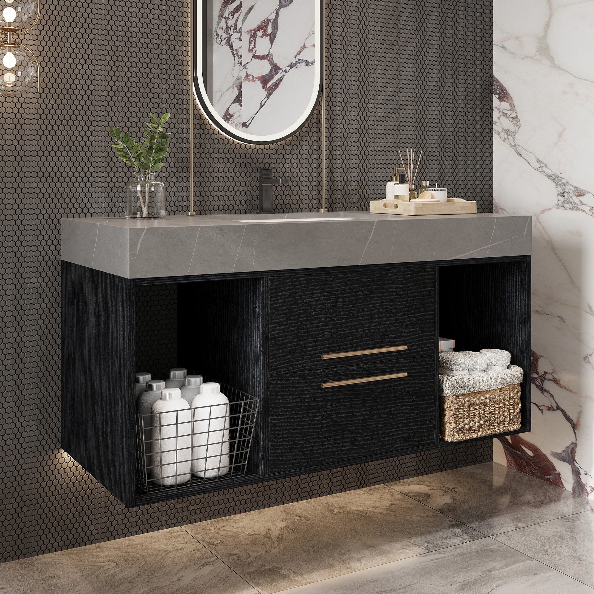 39.4 Inches Single Contemporary Floating Bathroom Vanity with Faux Marble Top, Ceramic Sink, 2 Multi-layer Solid Wood Drawers
