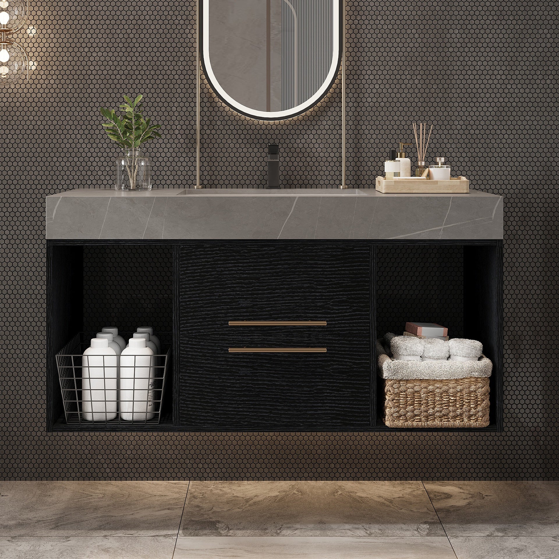 39.4 Inches Single Contemporary Floating Bathroom Vanity with Faux Marble Top, Ceramic Sink, 2 Multi-layer Solid Wood Drawers