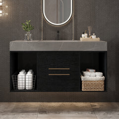 39.4 Inches Single Contemporary Floating Bathroom Vanity with Faux Marble Top, Ceramic Sink, 2 Multi-layer Solid Wood Drawers