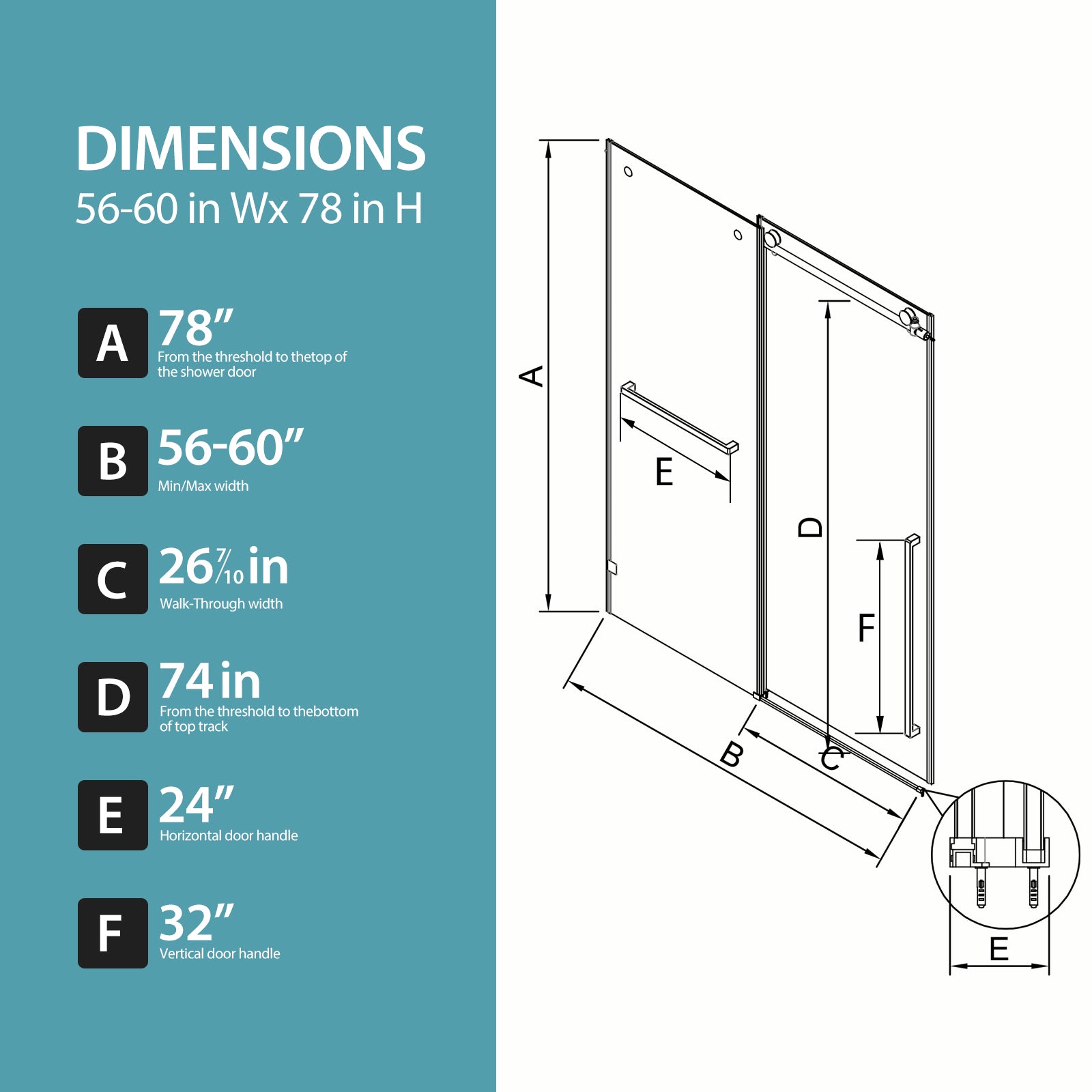 56"-60" W x 78" H Frameless Single Sliding Shower Door, Matte Black Bathtub Door, 3/8" (10mm) Clear Tempered Glass With Explosion-proof Film, Stainless Steel Handle