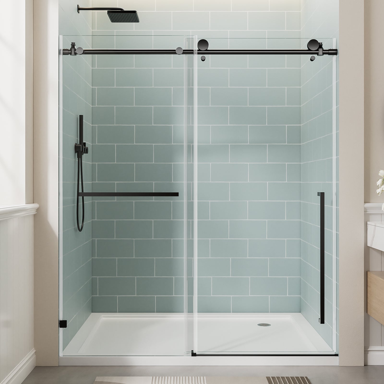 56"-60" W x 78" H Frameless Single Sliding Shower Door, Matte Black Bathtub Door, 3/8" (10mm) Clear Tempered Glass With Explosion-proof Film, Stainless Steel Handle