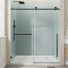 56"-60" W x 78" H Frameless Single Sliding Shower Door, Matte Black Bathtub Door, 3/8" (10mm) Clear Tempered Glass With Explosion-proof Film, Stainless Steel Handle