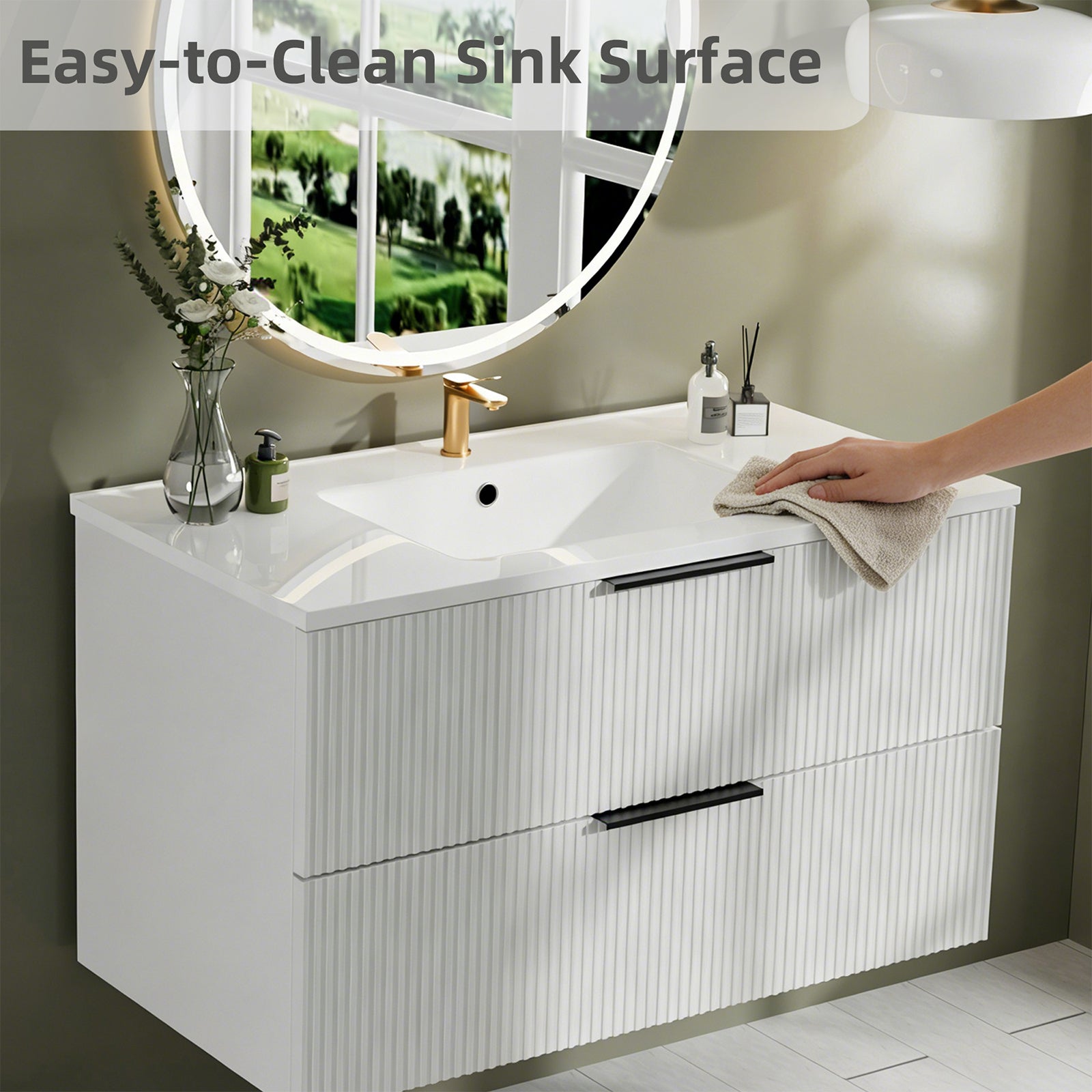 36 Inch Bathroom Vanity Cabinet With Ceramic Sink - White Wall Mounted Floating Fluted Vanity With Drawers, Modern