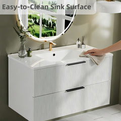 36 Inch Bathroom Vanity Cabinet With Ceramic Sink - White Wall Mounted Floating Fluted Vanity With Drawers, Modern