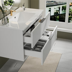 36 Inch Bathroom Vanity Cabinet With Ceramic Sink - White Wall Mounted Floating Fluted Vanity With Drawers, Modern