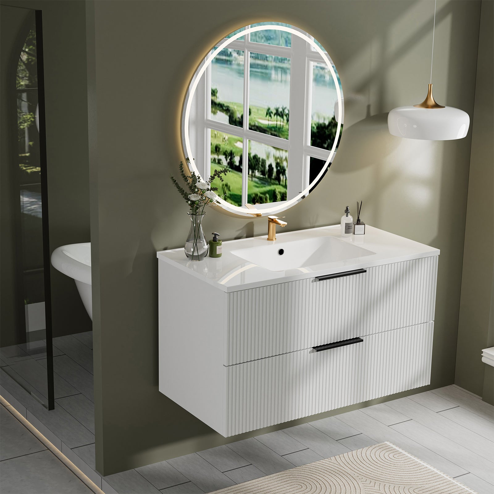 36 Inch Bathroom Vanity Cabinet With Ceramic Sink - White Wall Mounted Floating Fluted Vanity With Drawers, Modern
