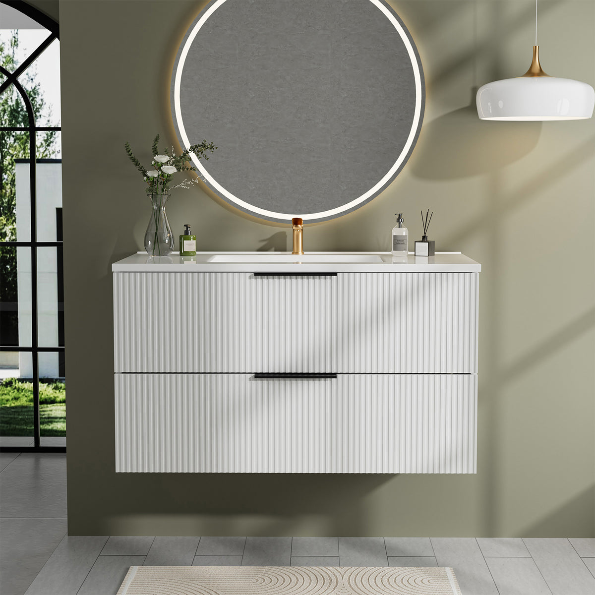 36 Inch Bathroom Vanity Cabinet With Ceramic Sink - White Wall Mounted Floating Fluted Vanity With Drawers, Modern