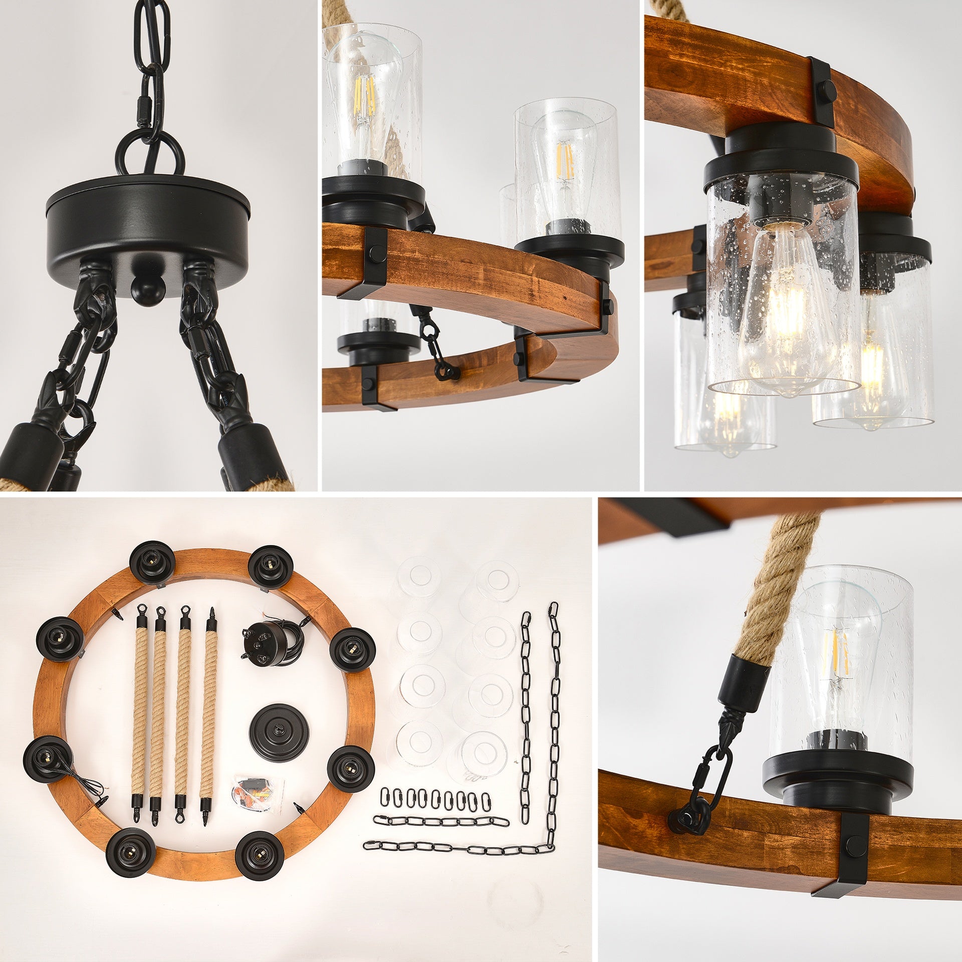 8 Light Rustic Wagon Wheel Chandelier,31"Wooden Pendant Light with Seeded Glass Shade, Industrial Chandeliers for Dining Room Kitchen lsland Foyer (Solid One-Piece Wood Frame Design)-NO INCLUDED BULBS