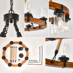 8 Light Rustic Wagon Wheel Chandelier,31"Wooden Pendant Light with Seeded Glass Shade, Industrial Chandeliers for Dining Room Kitchen lsland Foyer (Solid One-Piece Wood Frame Design)-NO INCLUDED BULBS