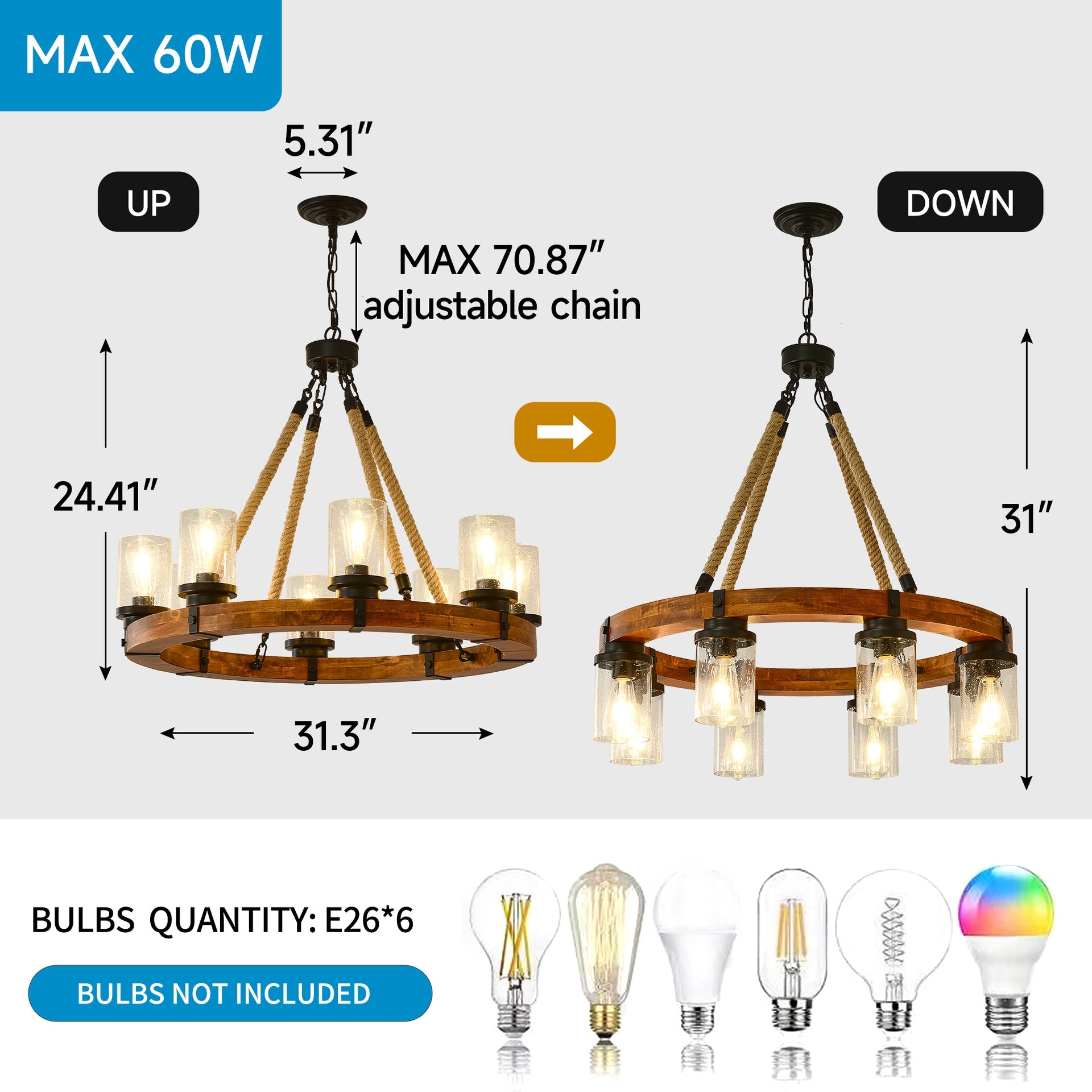 8 Light Rustic Wagon Wheel Chandelier,31"Wooden Pendant Light with Seeded Glass Shade, Industrial Chandeliers for Dining Room Kitchen lsland Foyer (Solid One-Piece Wood Frame Design)-NO INCLUDED BULBS