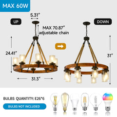 8 Light Rustic Wagon Wheel Chandelier,31"Wooden Pendant Light with Seeded Glass Shade, Industrial Chandeliers for Dining Room Kitchen lsland Foyer (Solid One-Piece Wood Frame Design)-NO INCLUDED BULBS