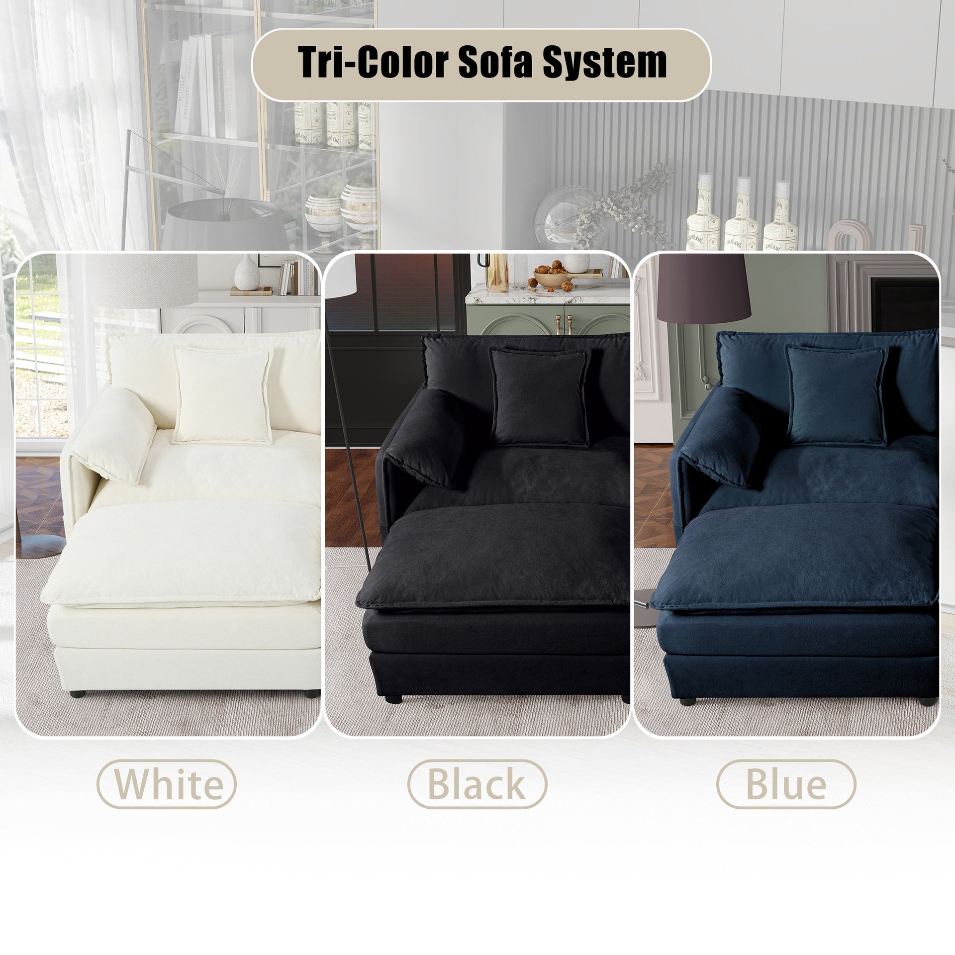 Modular Sectional Sofa, Oversized Deep Seat U Shaped Couch Set for Living Room, 4-Seater Comfy Cloud Couches with Two Movable Ottomans, DIY Combination, Chenille,Blue
