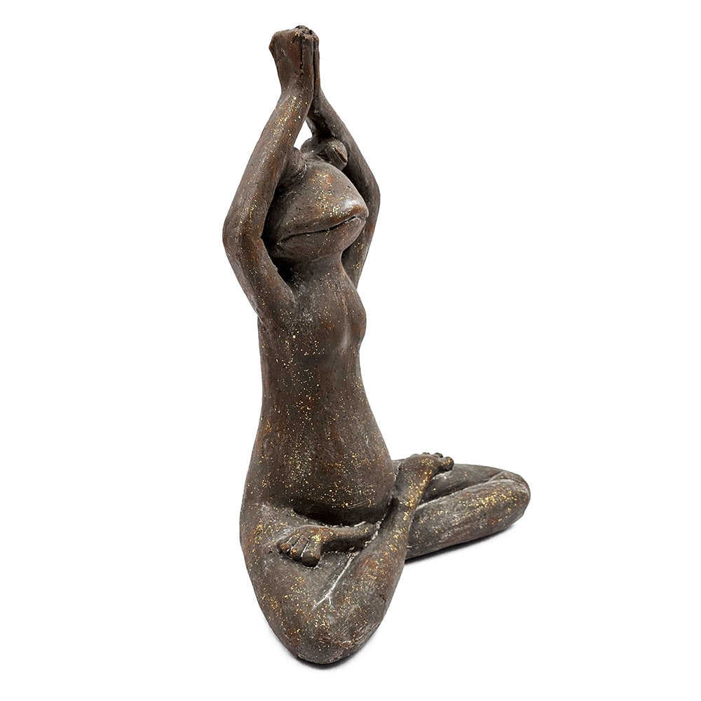 11.5x6.5x15" Brown Magnesium Yoga Frog Figurine in Namaste Pose with Gold Accents