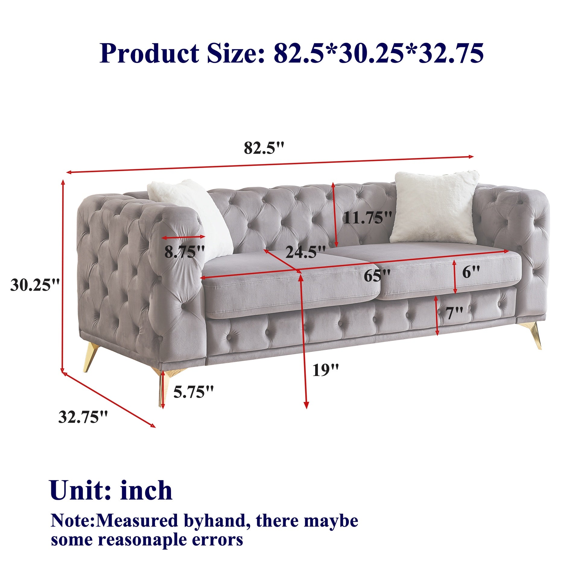 FX 82.5-inch Modern Luxury Velvet Sofa with Chesterfield Quilted Button Accents, Includes 2 Pillows and Metal Legs