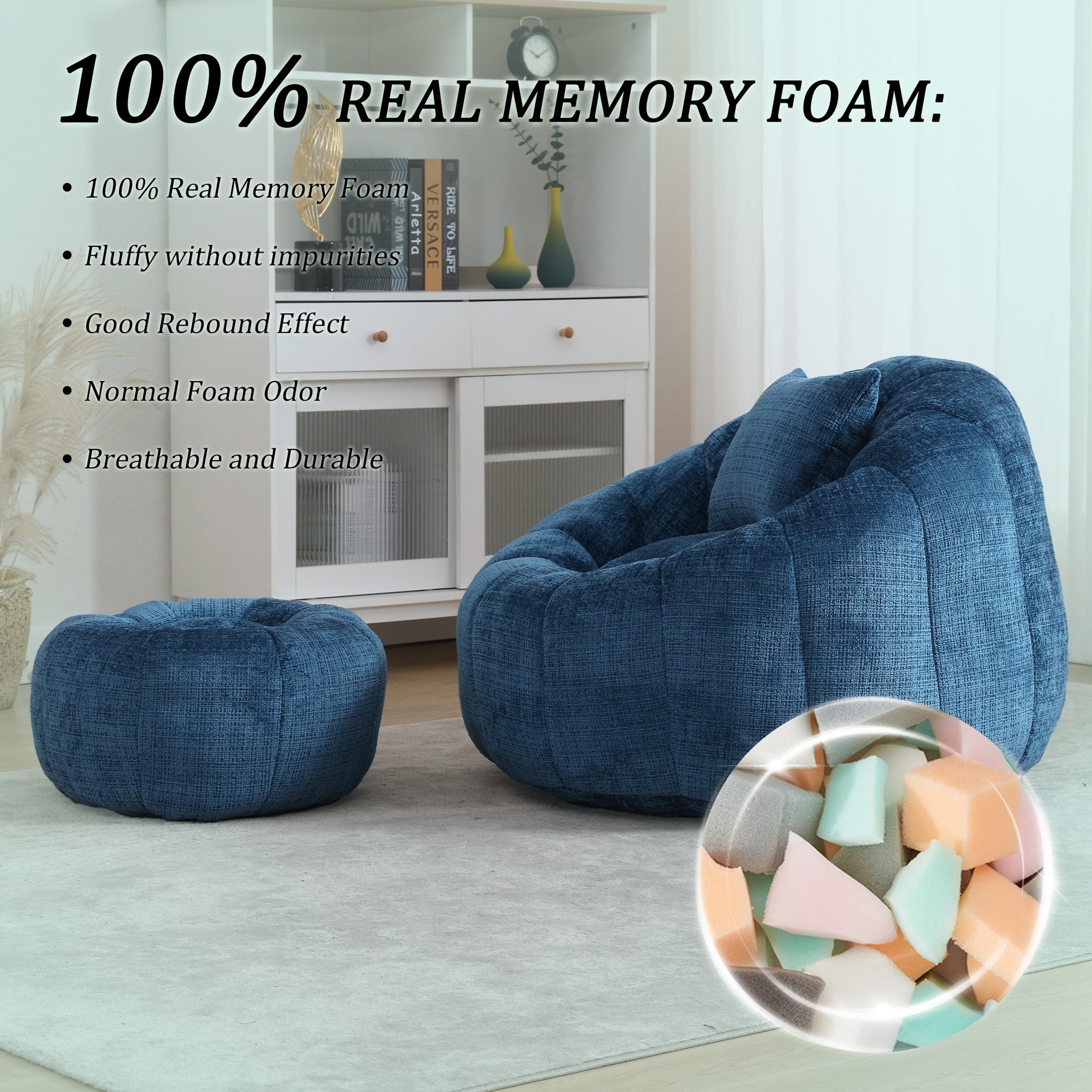 UNITED WE WIN Modern Bean Bag Chairs, Comfy Round Chair for Adults with Ottoman, Leisure Single Sofa Reading Chair with Pillow for Living Room, Bedroom, Apartment