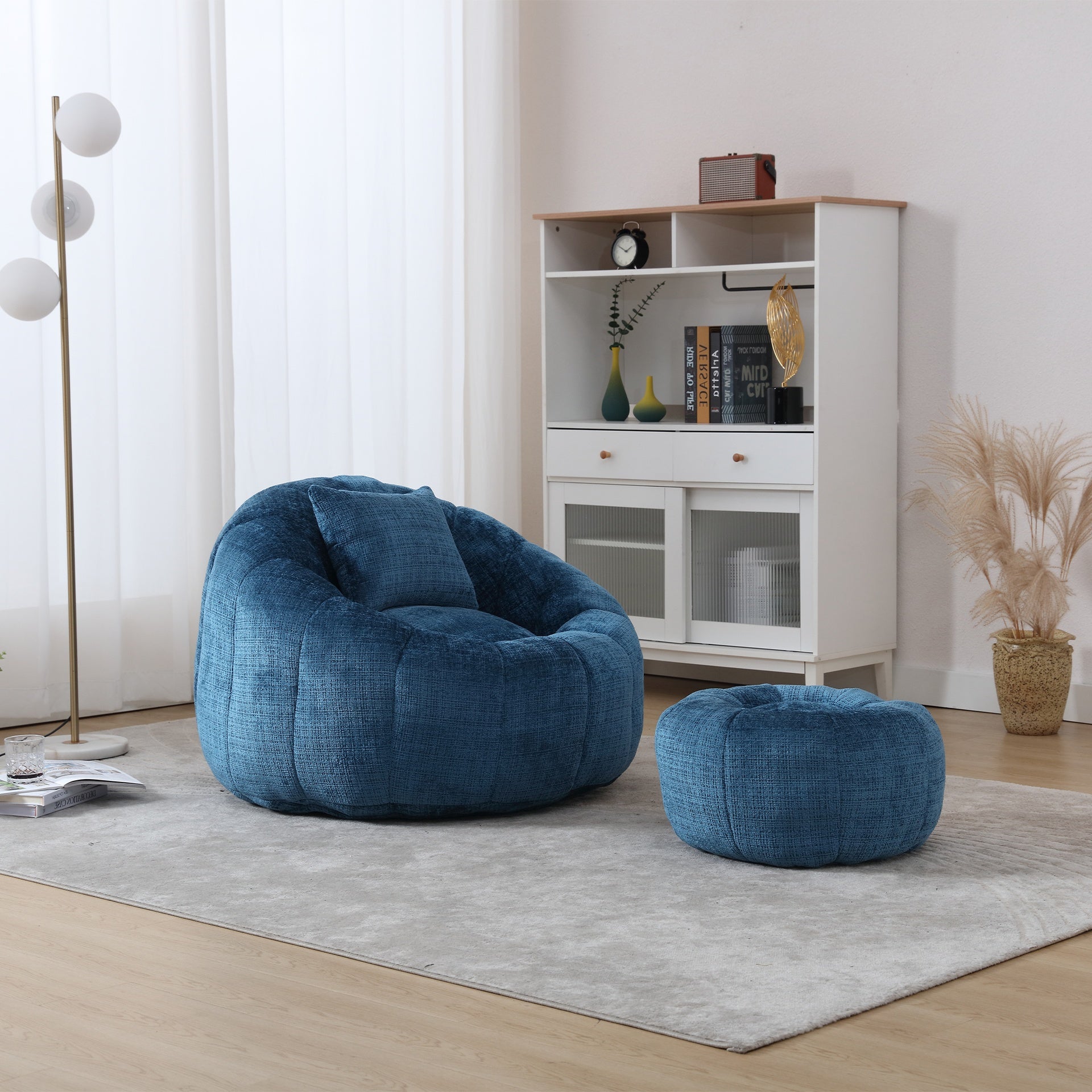 UNITED WE WIN Modern Bean Bag Chairs, Comfy Round Chair for Adults with Ottoman, Leisure Single Sofa Reading Chair with Pillow for Living Room, Bedroom, Apartment