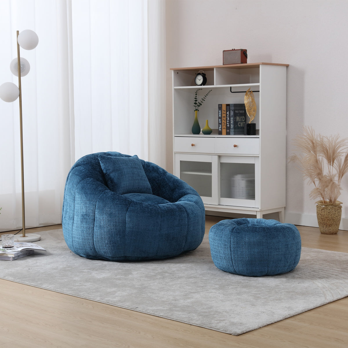 UNITED WE WIN Modern Bean Bag Chairs, Comfy Round Chair for Adults with Ottoman, Leisure Single Sofa Reading Chair with Pillow for Living Room, Bedroom, Apartment
