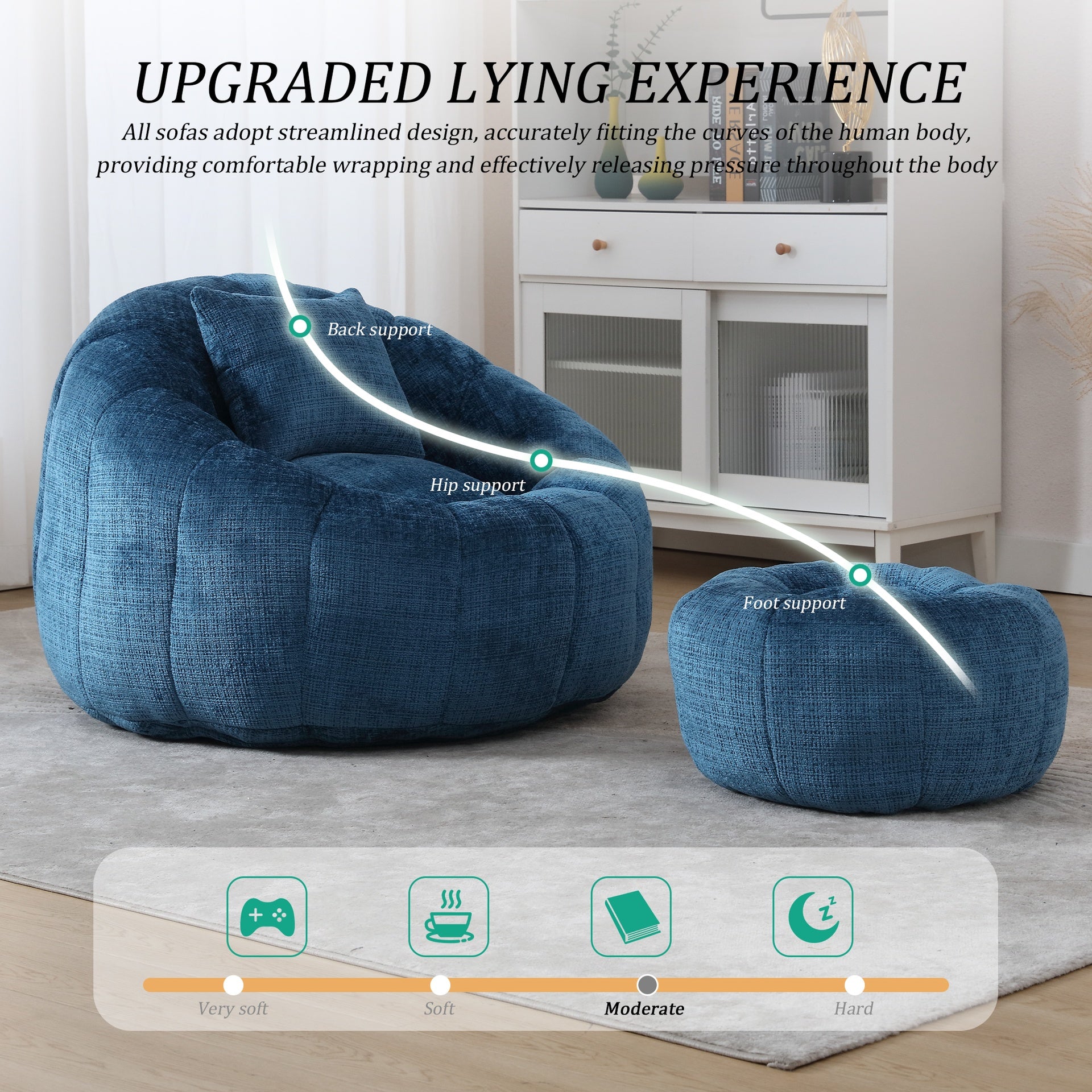 UNITED WE WIN Modern Bean Bag Chairs, Comfy Round Chair for Adults with Ottoman, Leisure Single Sofa Reading Chair with Pillow for Living Room, Bedroom, Apartment
