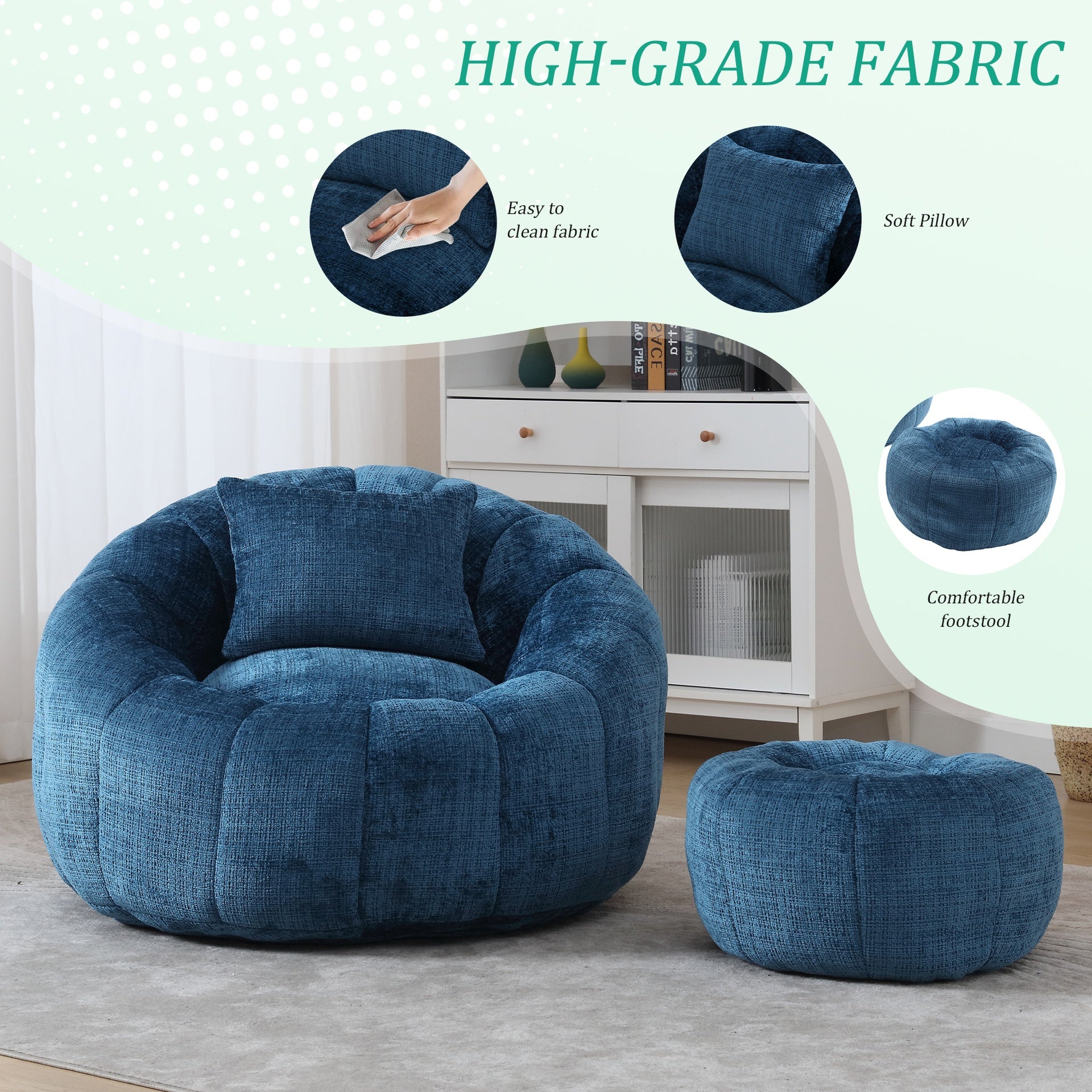 UNITED WE WIN Modern Bean Bag Chairs, Comfy Round Chair for Adults with Ottoman, Leisure Single Sofa Reading Chair with Pillow for Living Room, Bedroom, Apartment