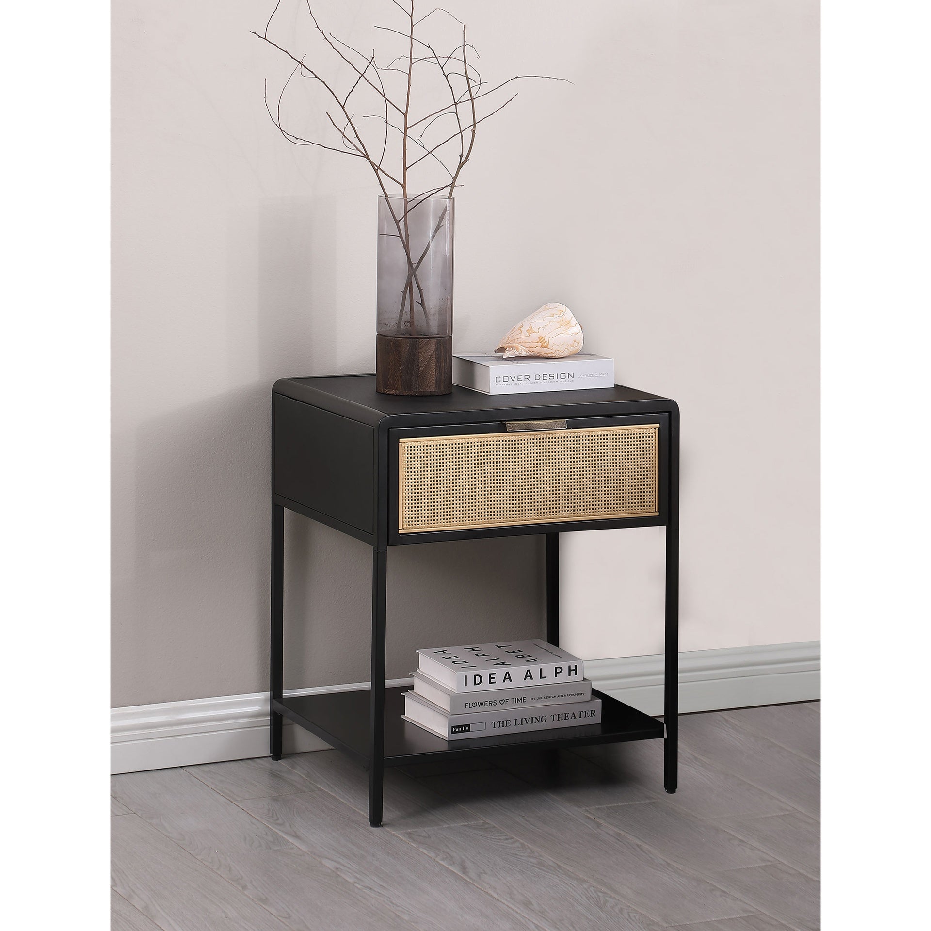 Duncan Black 1-drawer Radio Weave Cane Metal Bedside Table
