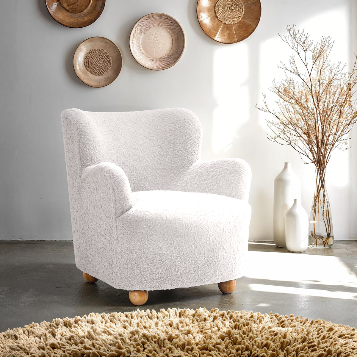 Contemporary Style White Finish Accent Chair Curved Backrest Ball Feet Sloped Arms Primary Living Room
