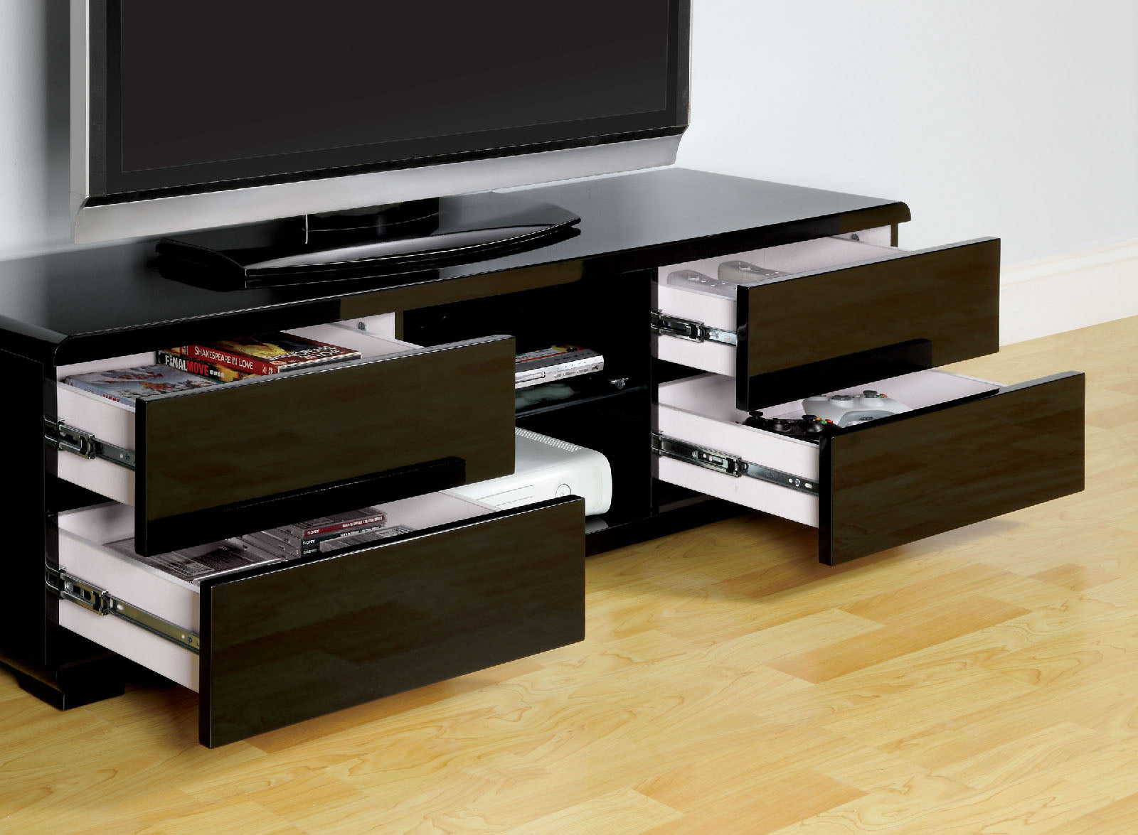 Black Finish Contemporary Style Lacquer Coating TV Console With Full Extension Ball Bearing Glides Drawers Rear Wearing Access And Open Storage Space