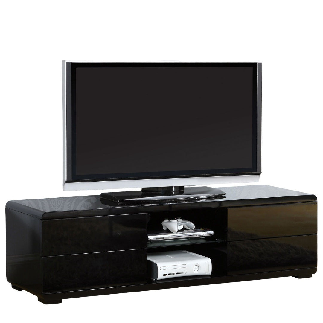Black Finish Contemporary Style Lacquer Coating TV Console With Full Extension Ball Bearing Glides Drawers Rear Wearing Access And Open Storage Space