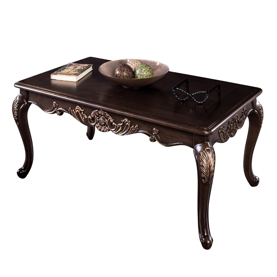 1pc Rectangle Coffee Table Traditional Style Curved Shape Legs Solid Wood Structure Carved Design With Gold Highlight Dark Cherry Finish