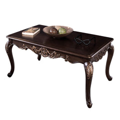 1pc Rectangle Coffee Table Traditional Style Curved Shape Legs Solid Wood Structure Carved Design With Gold Highlight Dark Cherry Finish