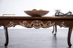 1pc Rectangle Coffee Table Traditional Style Curved Shape Legs Solid Wood Structure Carved Design With Gold Highlight Dark Cherry Finish