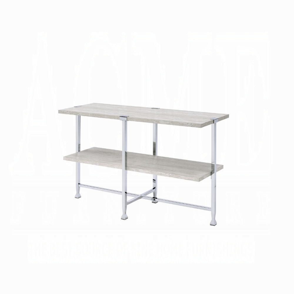 Contemporary Sofa Table with Shelf White Oak Finish Wooden Top Living Room Furniture 1pc Chrome Metal Frame Console Table