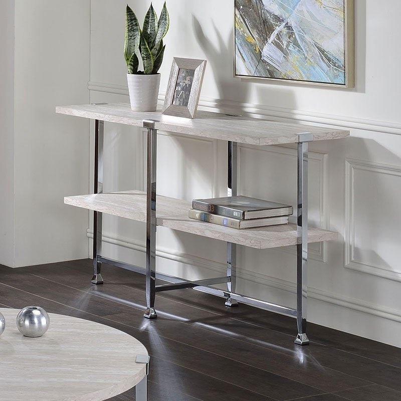 Contemporary Sofa Table with Shelf White Oak Finish Wooden Top Living Room Furniture 1pc Chrome Metal Frame Console Table