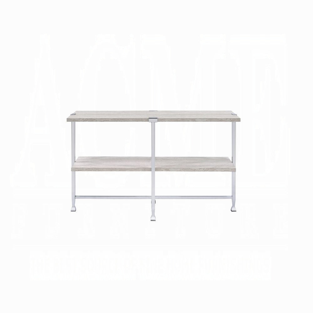 Contemporary Sofa Table with Shelf White Oak Finish Wooden Top Living Room Furniture 1pc Chrome Metal Frame Console Table