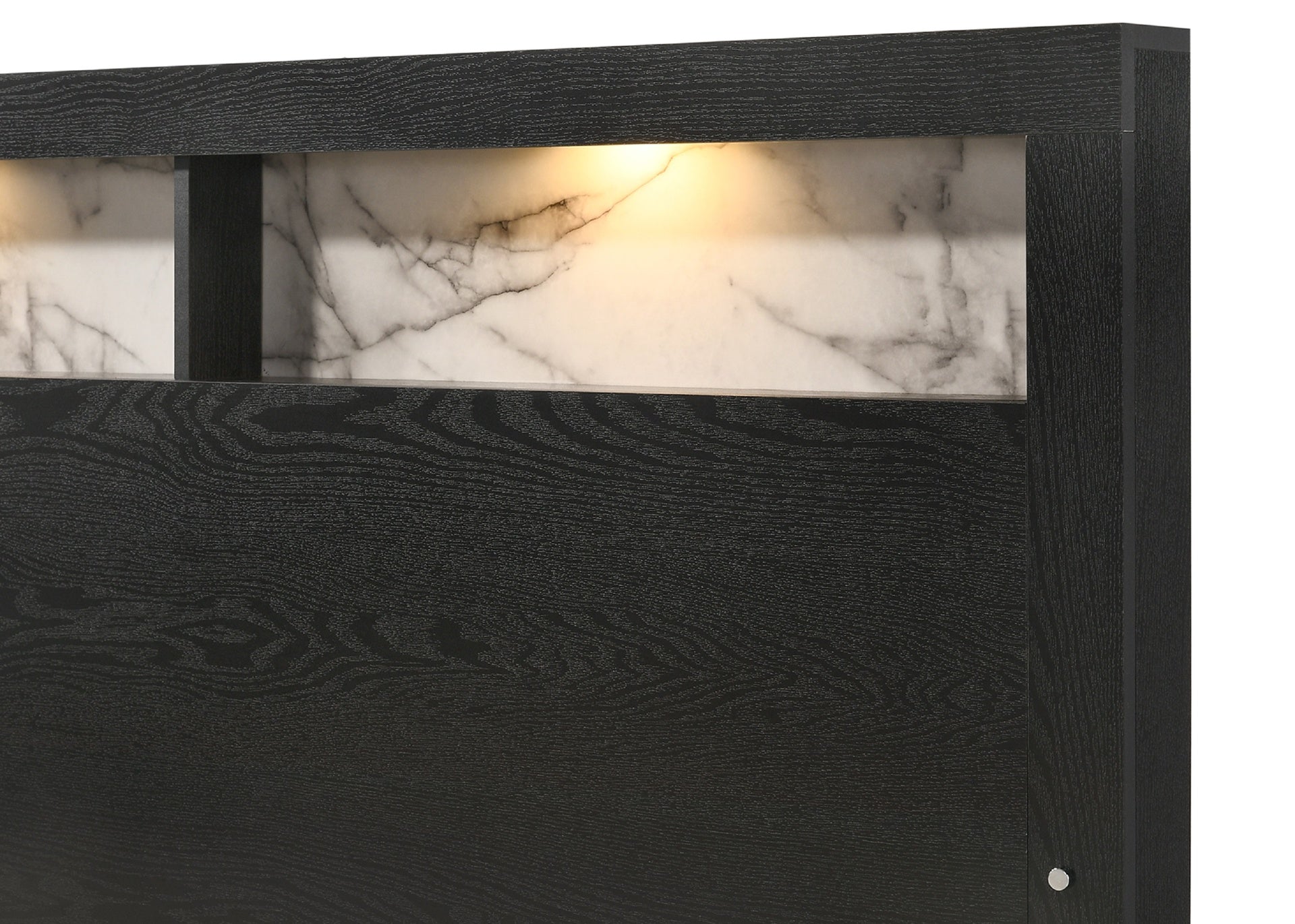 1pc Queen Size Panel Bed Headboard with LED Sleek Sloping Design Extra Storage Space Black Finish Wooden Furniture