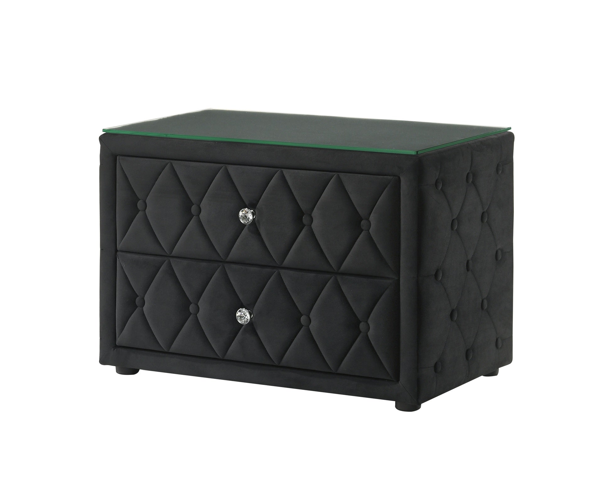 Luxurious 1pc Luxurious Velvet Upholstery Elegant Diamond-tufted Design Two Spacious Drawers Sleek Glass Top Nightstand Wooden Bedroom Furniture