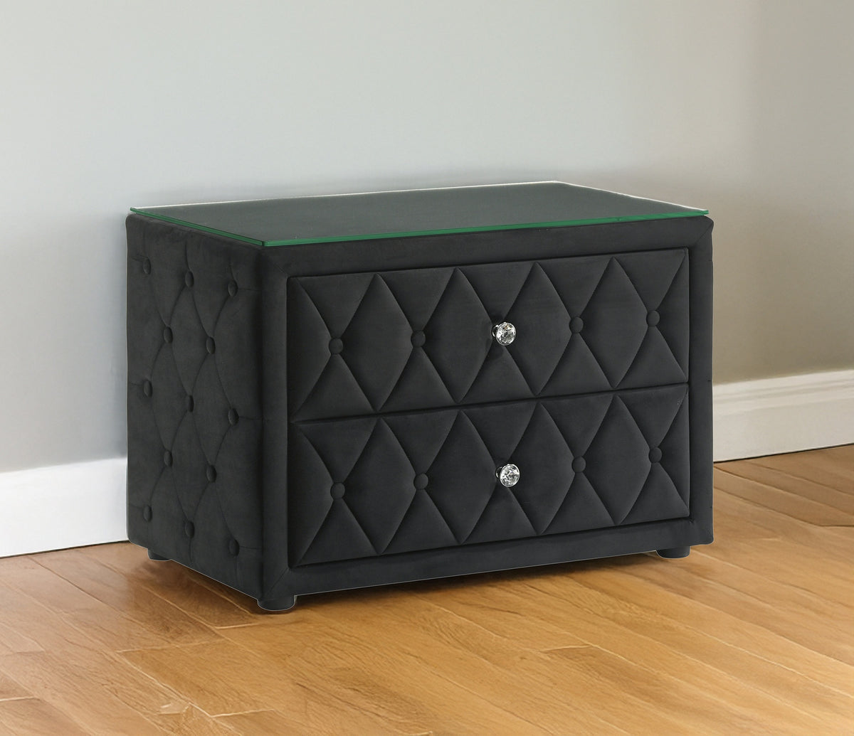 Luxurious 1pc Luxurious Velvet Upholstery Elegant Diamond-tufted Design Two Spacious Drawers Sleek Glass Top Nightstand Wooden Bedroom Furniture