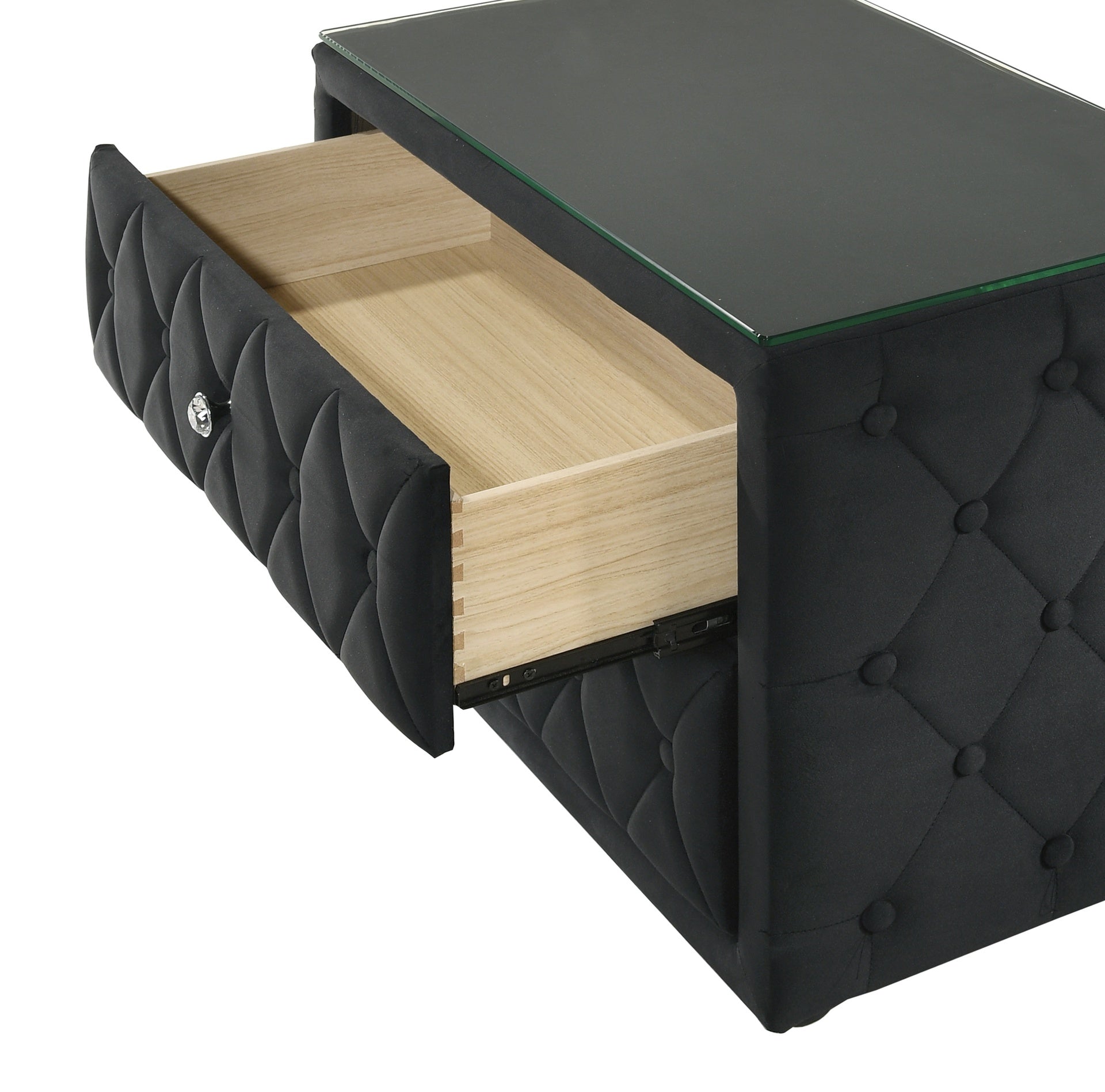 Luxurious 1pc Luxurious Velvet Upholstery Elegant Diamond-tufted Design Two Spacious Drawers Sleek Glass Top Nightstand Wooden Bedroom Furniture