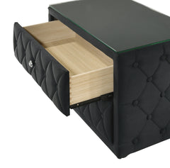 Luxurious 1pc Luxurious Velvet Upholstery Elegant Diamond-tufted Design Two Spacious Drawers Sleek Glass Top Nightstand Wooden Bedroom Furniture