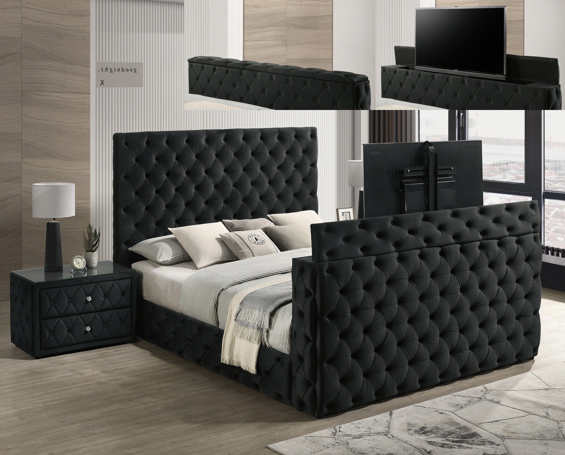 Luxurious 1pc Luxurious Velvet Upholstery Elegant Diamond-tufted Design Two Spacious Drawers Sleek Glass Top Nightstand Wooden Bedroom Furniture