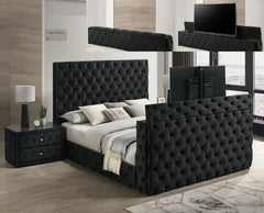 Luxurious 1pc Luxurious Velvet Upholstery Elegant Diamond-tufted Design Two Spacious Drawers Sleek Glass Top Nightstand Wooden Bedroom Furniture