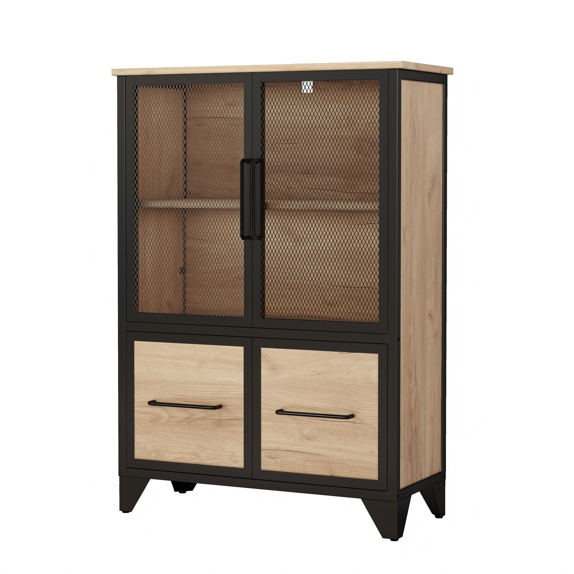 Storage Cabinet With 4 Iron Doors,Black Metal Handle,Sideboard With Adjustable Shelf,Black Sturdy Metal Frame and Metal Legs,Easy Assemble,For Living Room,Kitchen,Black+Natural