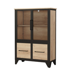 Storage Cabinet With 4 Iron Doors,Black Metal Handle,Sideboard With Adjustable Shelf,Black Sturdy Metal Frame and Metal Legs,Easy Assemble,For Living Room,Kitchen,Black+Natural