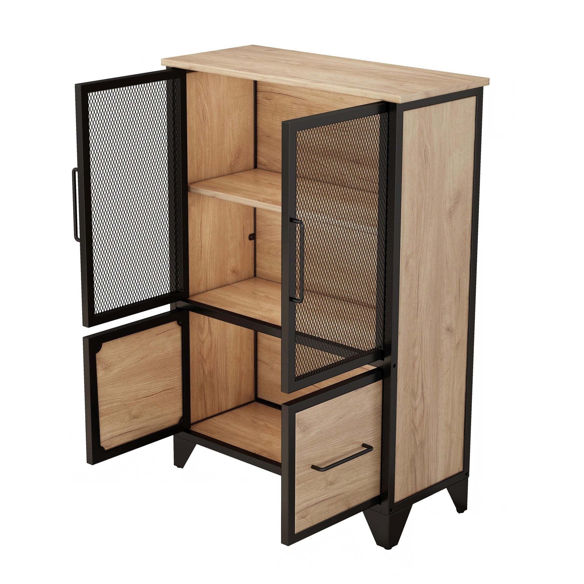 Storage Cabinet With 4 Iron Doors,Black Metal Handle,Sideboard With Adjustable Shelf,Black Sturdy Metal Frame and Metal Legs,Easy Assemble,For Living Room,Kitchen,Black+Natural