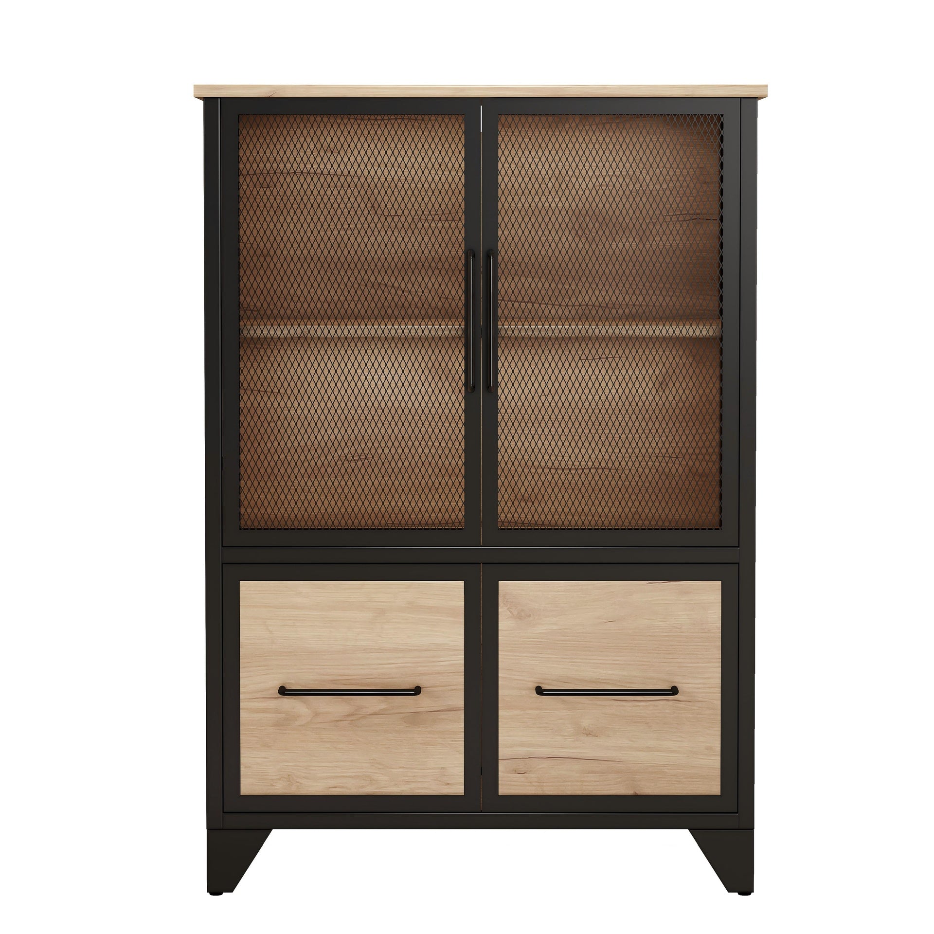 Storage Cabinet With 4 Iron Doors,Black Metal Handle,Sideboard With Adjustable Shelf,Black Sturdy Metal Frame and Metal Legs,Easy Assemble,For Living Room,Kitchen,Black+Natural