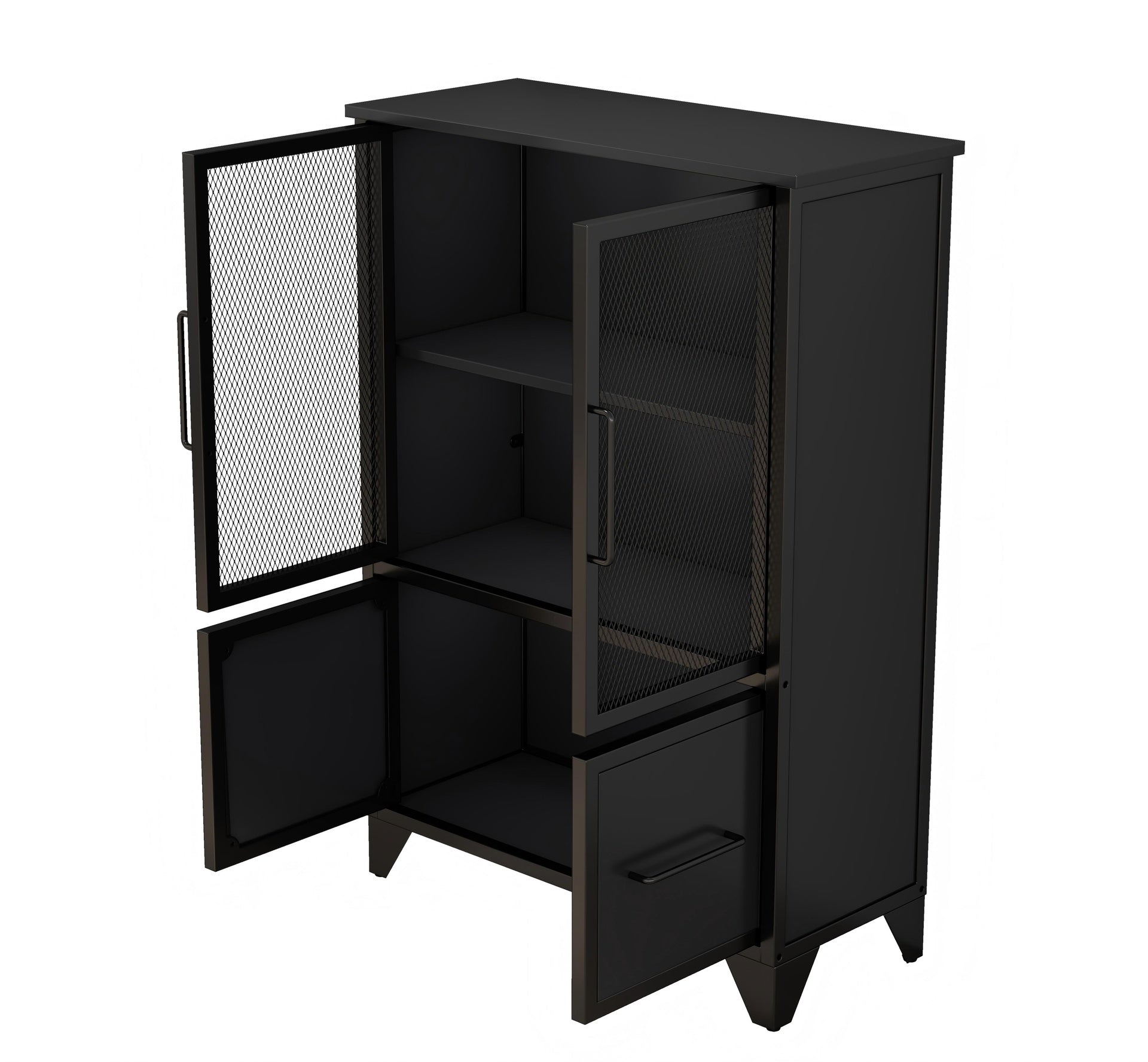 Storage Cabinet With 4 Iron Doors,Black Metal Handle,Sideboard With Adjustable Shelf,Black Sturdy Metal Frame and Metal Legs,Easy Assemble,For Living Room,Kitchen,Black