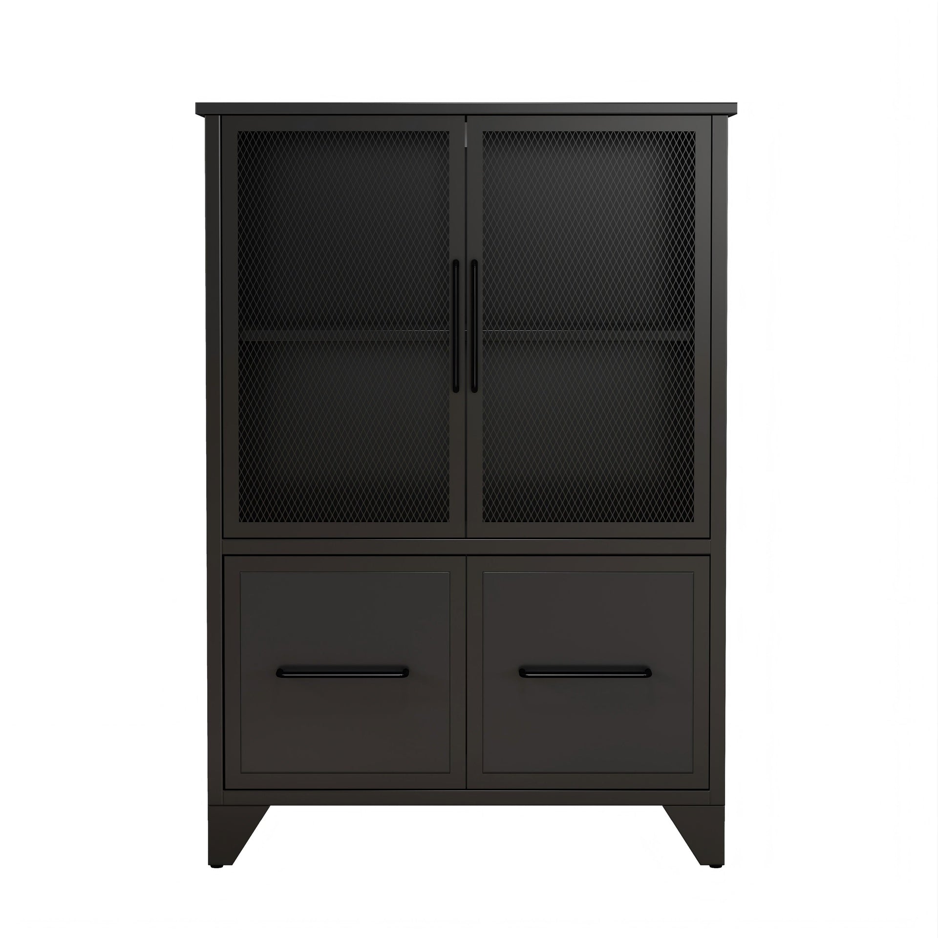 Storage Cabinet With 4 Iron Doors,Black Metal Handle,Sideboard With Adjustable Shelf,Black Sturdy Metal Frame and Metal Legs,Easy Assemble,For Living Room,Kitchen,Black