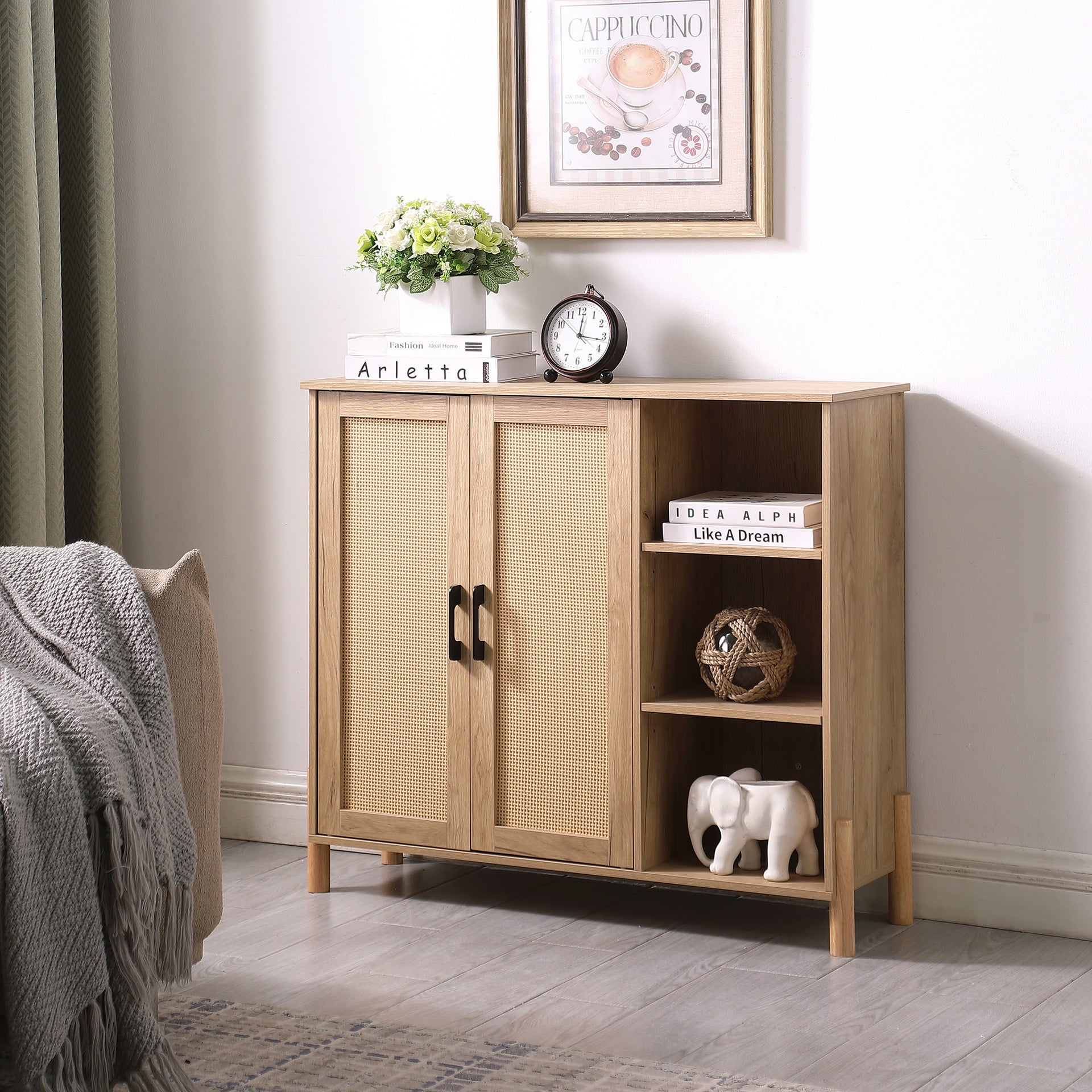 Mid-Century Modern Storage Cabinet with Woven Rattan Doors, Open Shelves & Adjustable Shelves - Perfect for Living Room & Dining Room